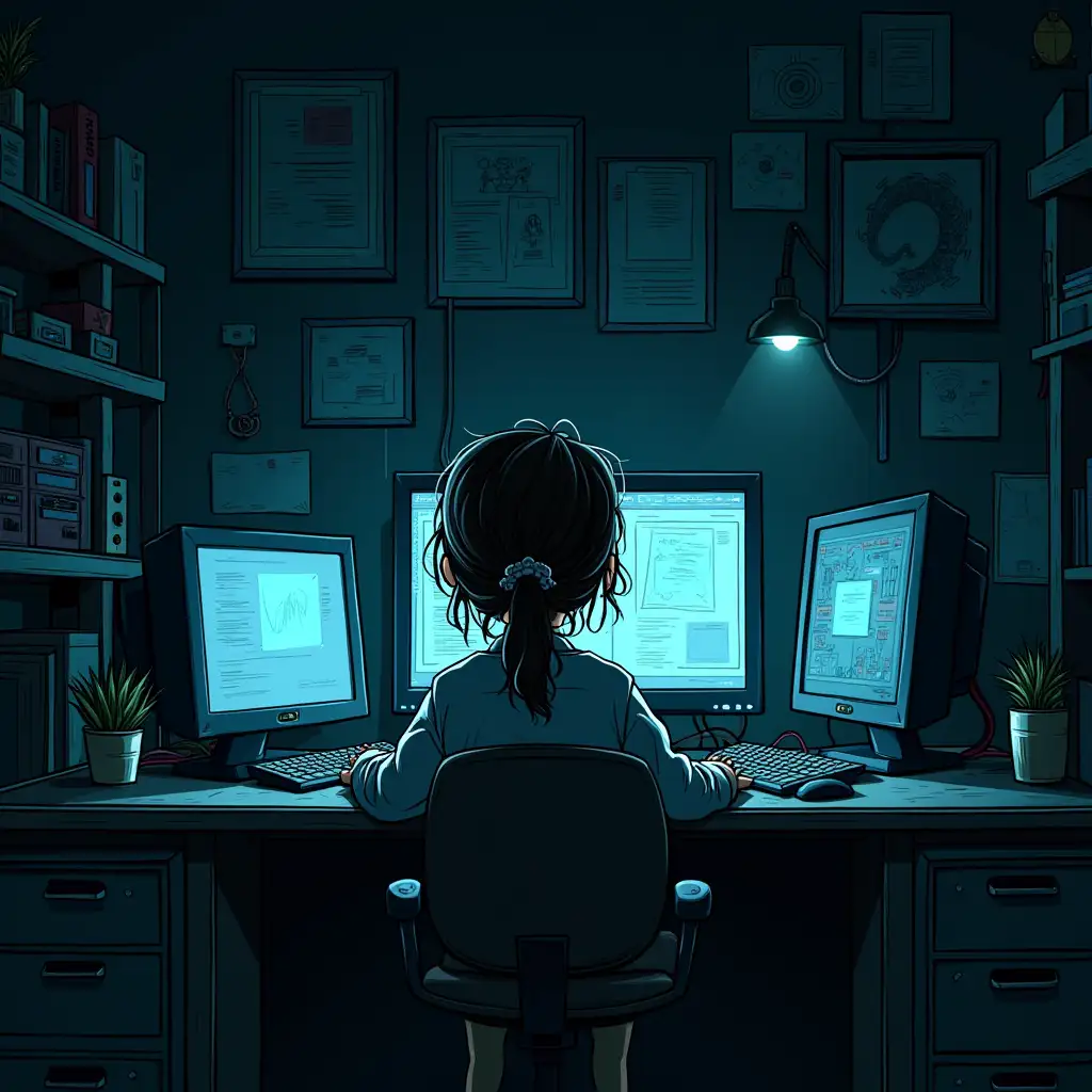 Young-Girl-Genius-in-a-Dark-Room-with-Computers-Comic-Style