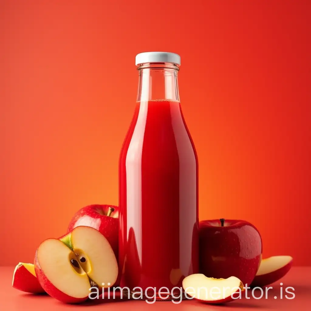 A realistic apple juice bottle similar in style to the reference, filled with rich red apple juice. The bottle has a sleek, minimalist glass design with a blank label, keeping it clean and elegant. Surrounding it are fresh apples, some whole and some sliced, with a few pieces dynamically falling from top to bottom around the bottle, adding a sense of motion. The background is a soft gradient of red and orange tones, providing warmth and depth. The lighting highlights the glossy texture of the bottle and apples, creating a photo-realistic, post-production look.