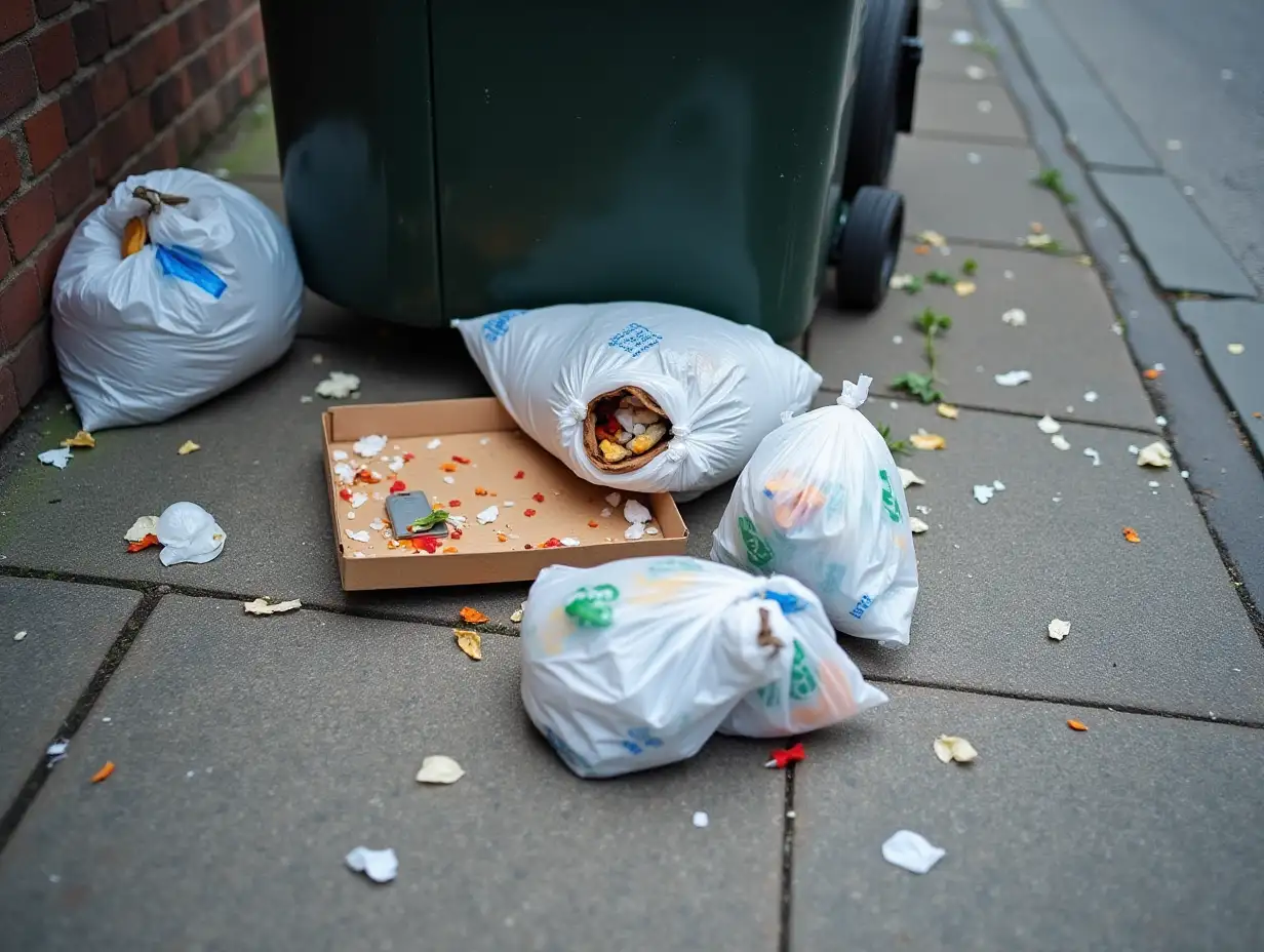 The image shows trash thrown on the sidewalk. There are several plastic bags with waste, a pizza box and other minor scraps spread on the floor. The garbage is near a dumpster, which suggests lack of care or poor waste management.