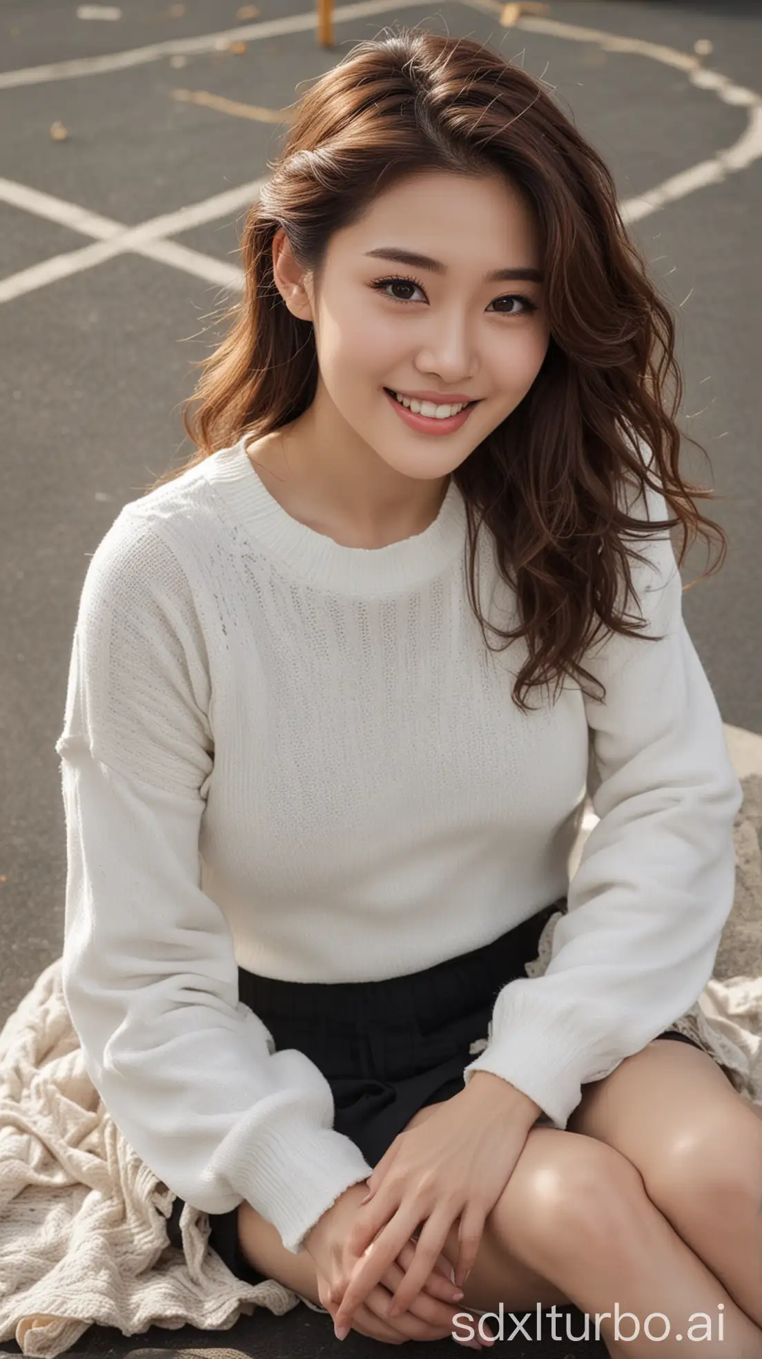 Chinese-Woman-Smiling-in-White-Sweater-on-School-Playground