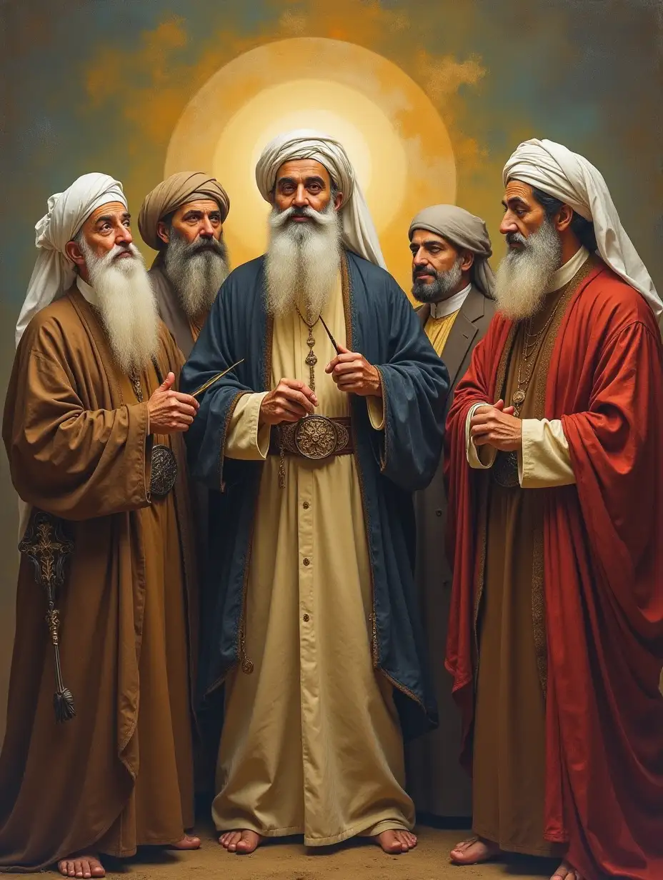 a group image of untitled poets of persian language with mowlana, saadi, hafez, mowlana jami, farrokh, omar khayyam