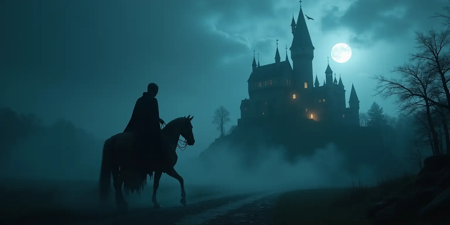 Mysterious Skeleton Riding Towards a Foggy Castle at Night