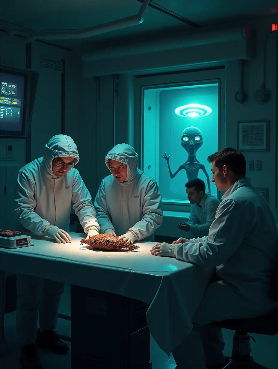 A futuristic laboratory where a group of scientists, dressed in protective suits, examine a strange object on an operating table. In the background, a screen displays alien graphics and data, while a window reveals an extraterrestrial being in a cage, watching with curious and enigmatic eyes.