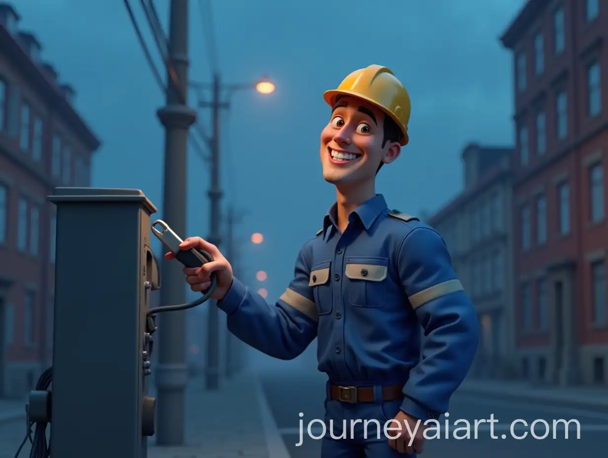 Playful-Electrician-Working-in-an-Evening-Urban-Setting
