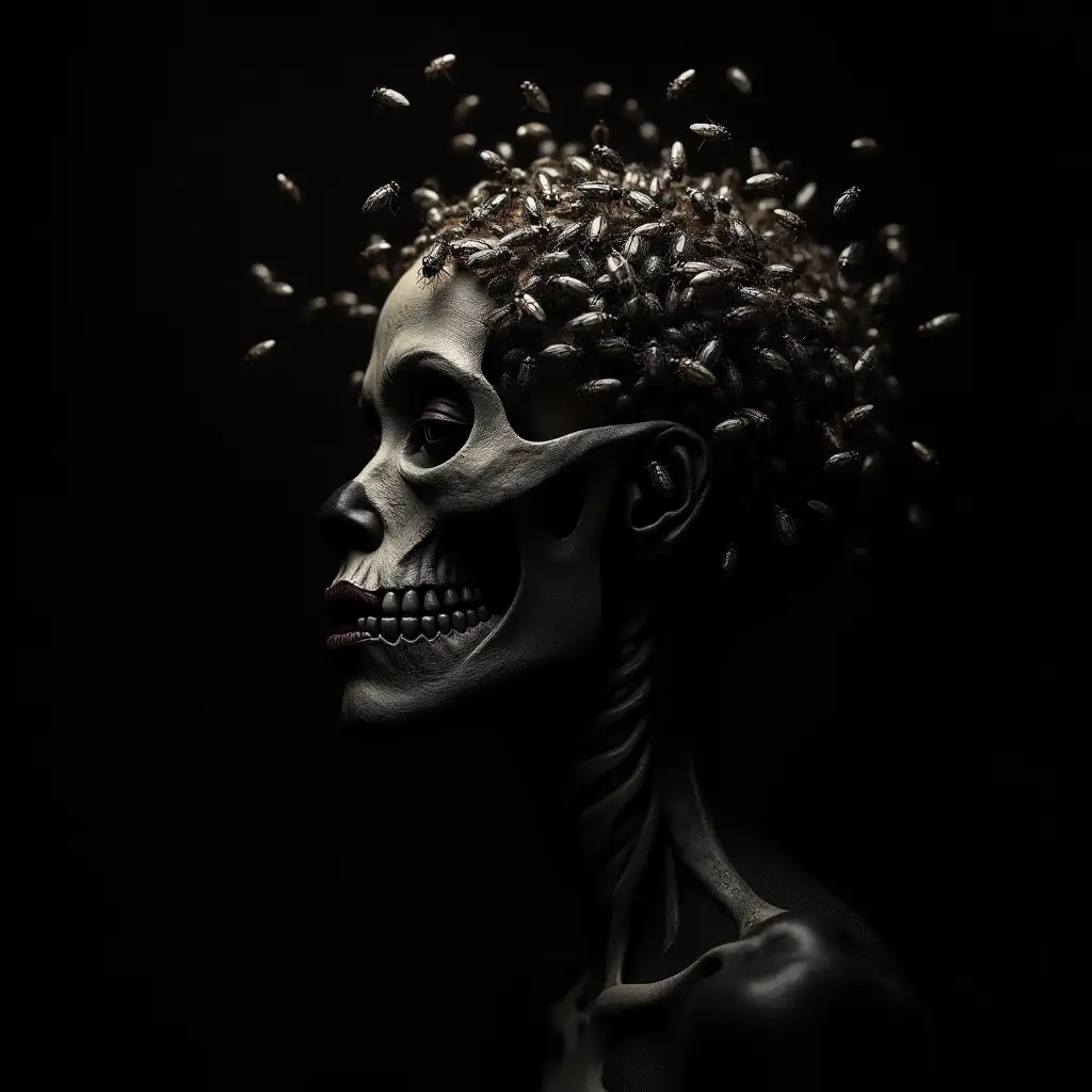 extremely detailed and realistic, total black background, grim dark gothic atmosphere, renaissance portrait, evil creature concept art, swarm of flies, multiple flies in a shape of a cloud, surrealistic shape, millions of flies, cloud made of thousands of flies, invisible skeleton