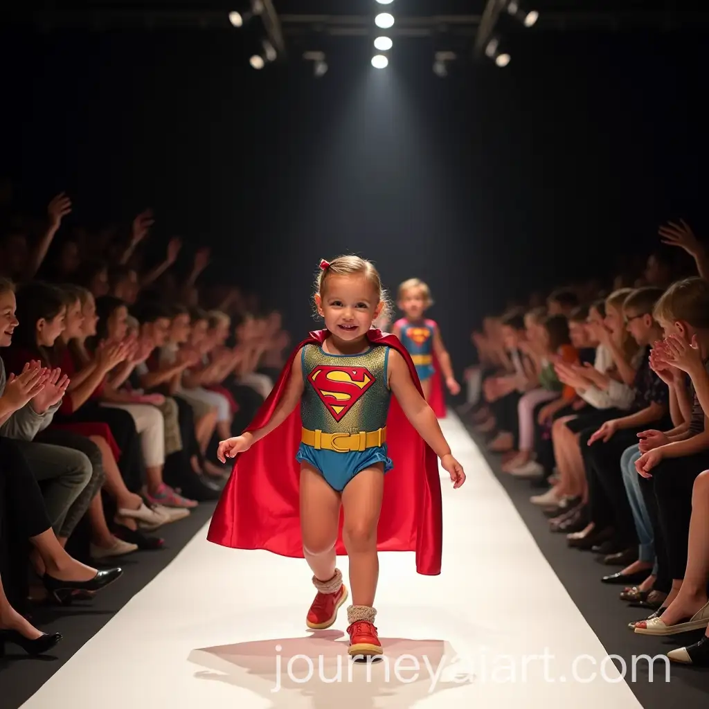 Child-Model-Showcasing-Colorful-Superhero-Costume-at-Fashion-Week