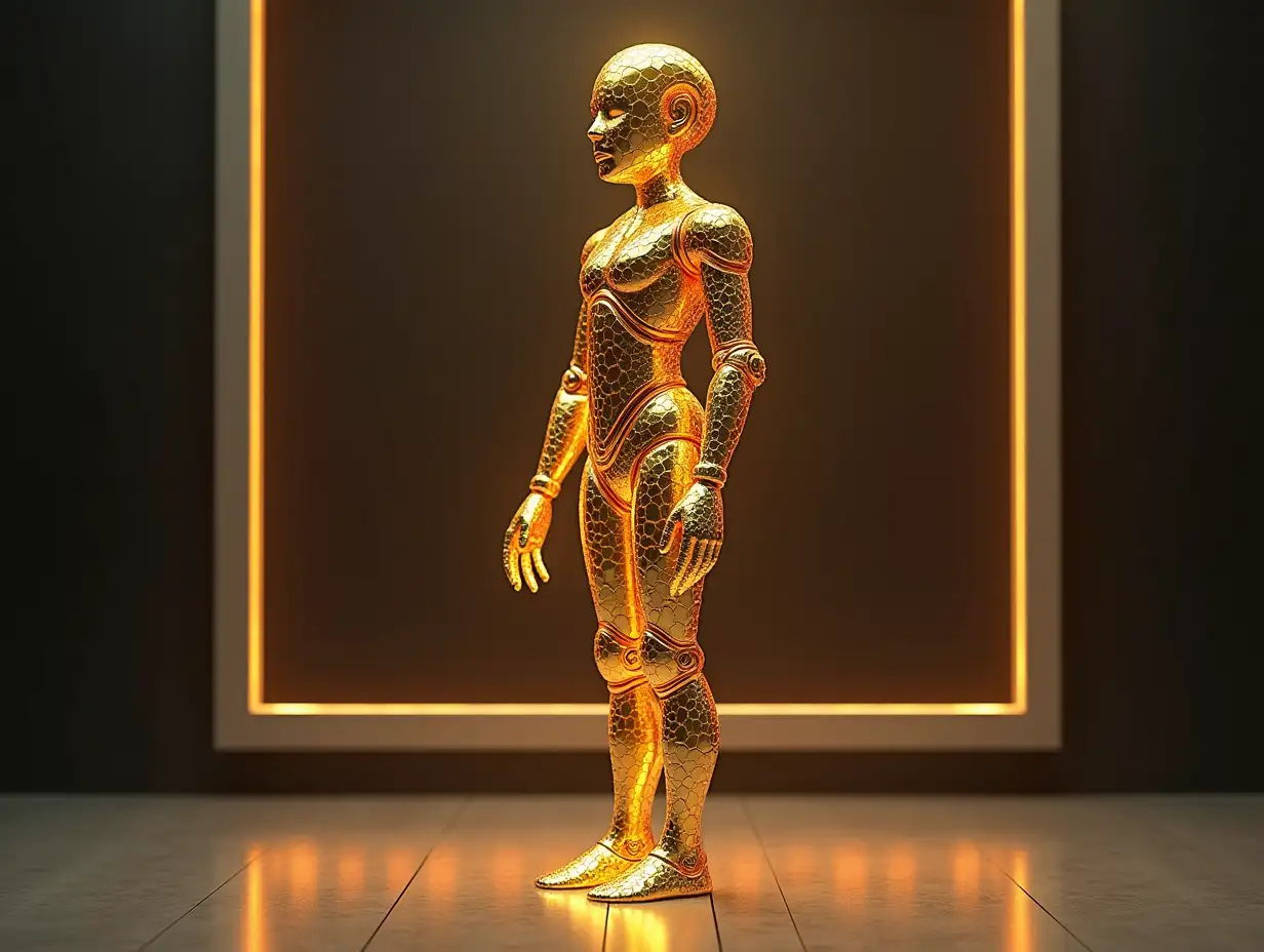 Create a high-resolution, realistic image of an artificial intelligence Fractal colored GoldFractal humanoid robot, on the photo studio floor at 4-k resolution.