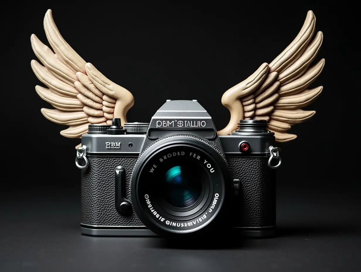 Photo camera with musical symbol wings with writing PBM STUDIO on top, the lenses written OMundi of Music, we produce for you