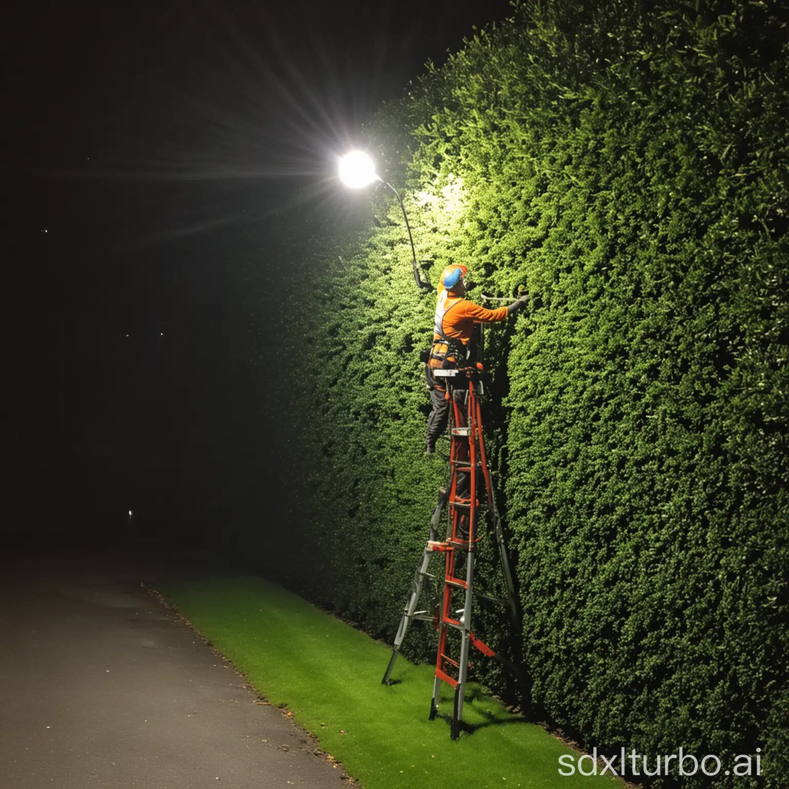 Nighttime-Hedge-Trimming-with-Floodlight