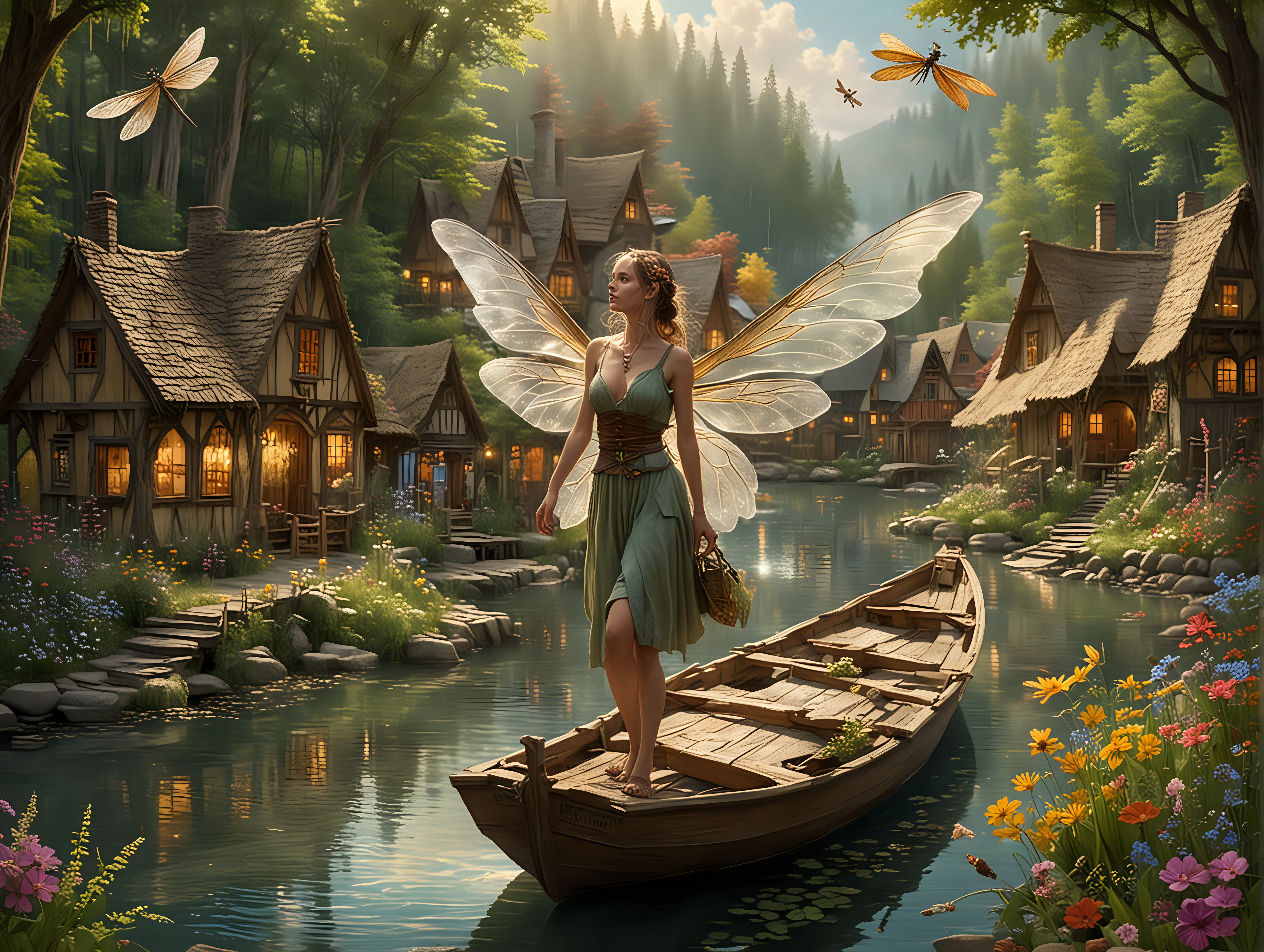 woman ferry with dragon fly wings flying enchanted forest village wildflower