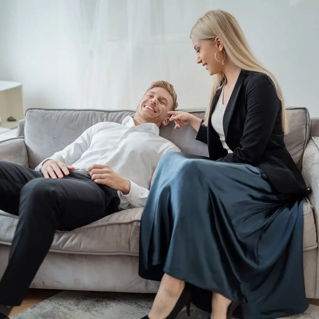 Caucasian-Man-and-Blonde-Woman-Relaxing-Together-on-Sofa-Smiling-and-Engaged-in-Playful-Interaction