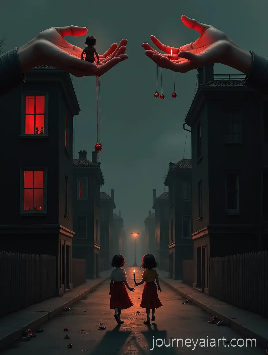 Dark-street-with-girlsDark-Street-Scene-with-Girls-Walking-Broken-Doll-and-Wax-Dripping-Buildings