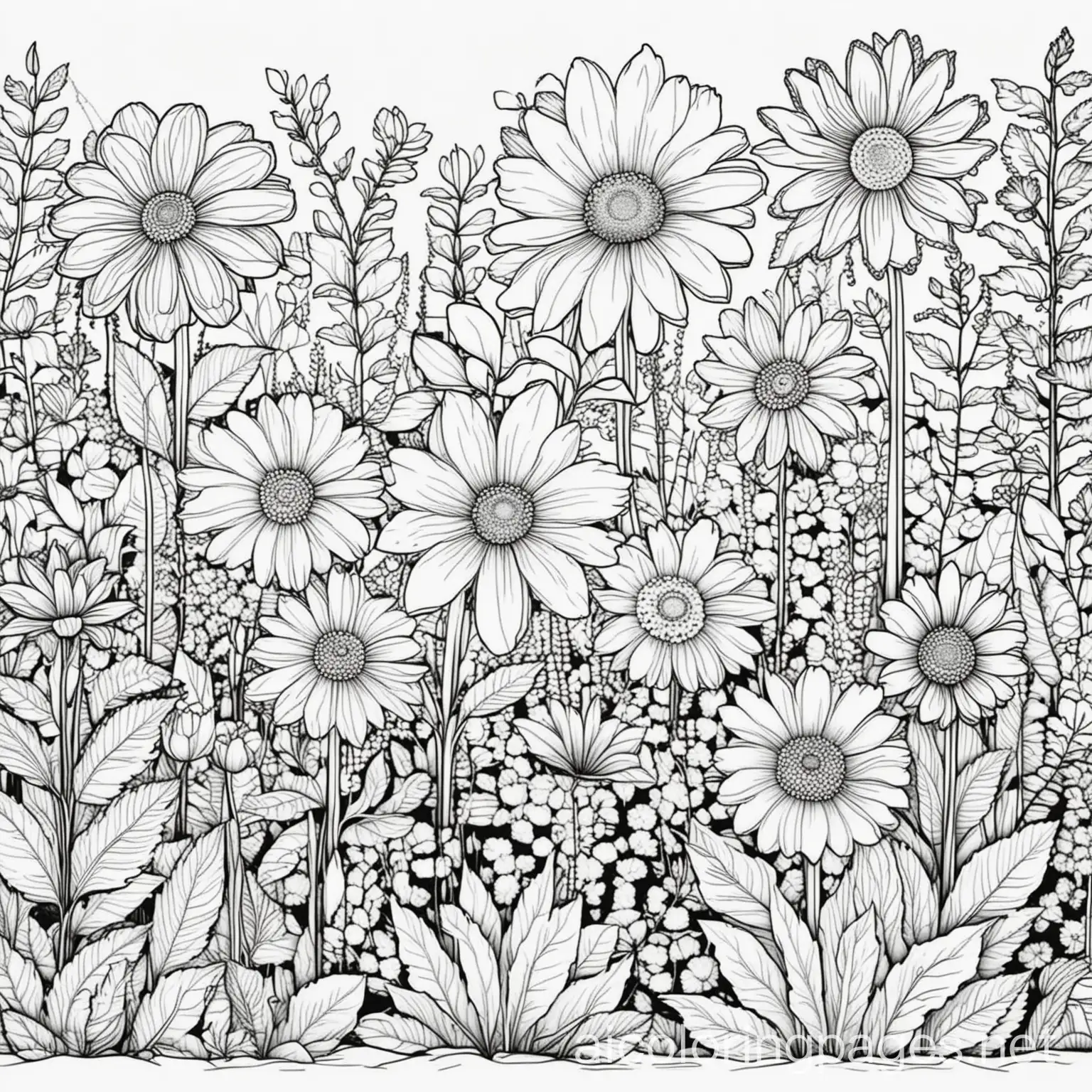 floral garden, Coloring Page, black and white, line art, white background, Simplicity, Ample White Space. The background of the coloring page is plain white to make it easy for young children to color within the lines. The outlines of all the subjects are easy to distinguish, making it simple for kids to color without too much difficulty