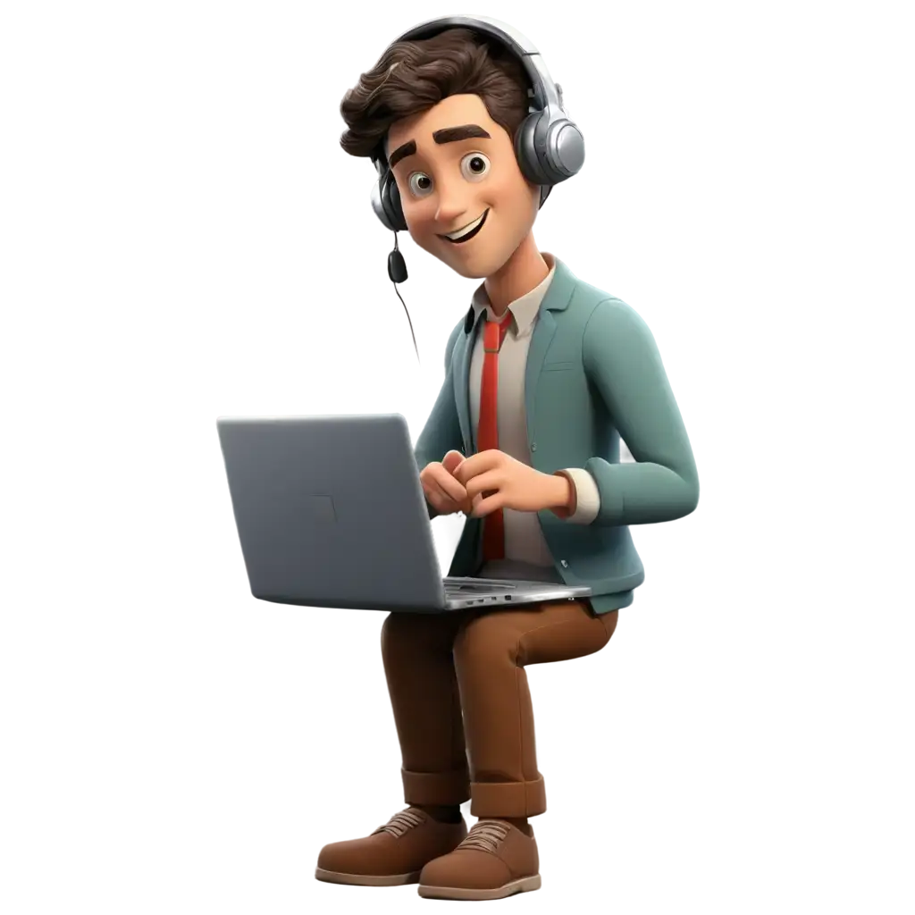 cartoon helpdesk guy using headset and working with a laptop and smiling talking through microphone