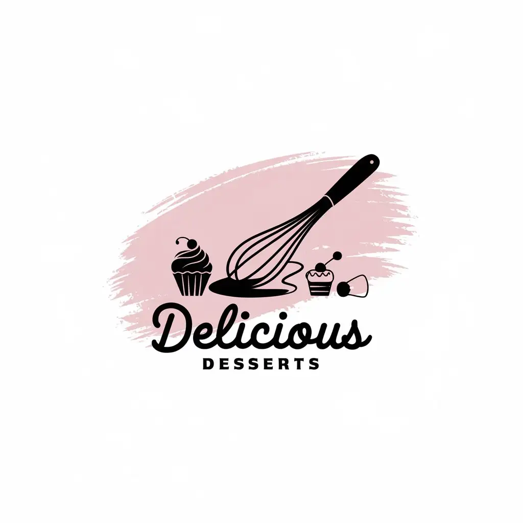 a vector logo design,with the text "DeliciouS DessertS", main symbol:A whisk for beating, with chocolate flowing from it. Cupcake, cakes, sweets on a softly pink streak brushed background,Minimalistic,be used in Restaurant industry,clear background