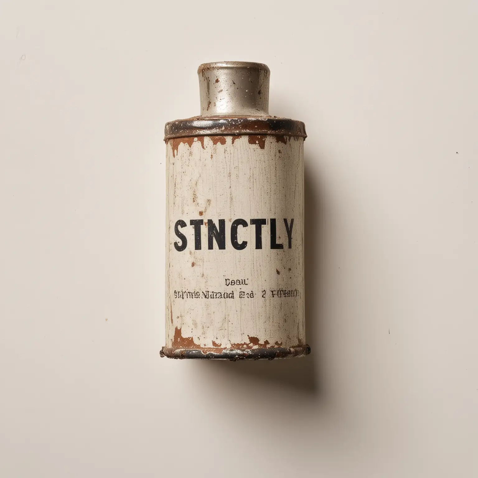 view strictly from above: vintage paint tube, dented, with faded name, no lid. White background.