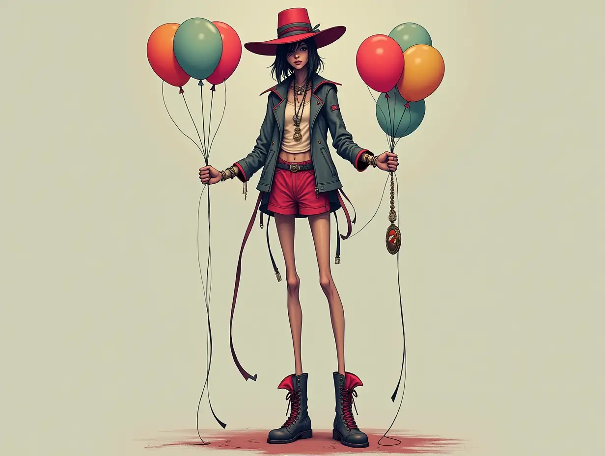 A very tall female figure with extremely thin legs and long thin arms, with a hat and boots and wearing jewelry.and has several balloons in her hand 4K resolution Colorful Cyberpunk