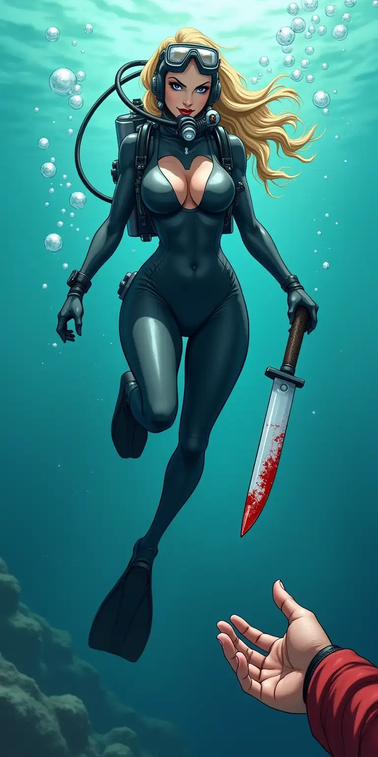 Seen from the perspective of a defeated diver lying on the seafloor. Above, a sexy, curvy and slim female combat diver hovers mid-water. Her body is relaxed, fully in control. She wears a tight glossy dark grey diving suit, black swim fins, gloves, an oxygen tank, and a helmet with a transparent visor. Her long blonde hair floats softly. She has blue eyes.nnShe shrugs dramatically, as if saying ‘That was it?’. Her smirk is theatrical and cruel. She still holds the bloodied knife loosely, and bubbles float between her and the viewer.nnFrom the viewer's POV, a shaking, wounded hand can be seen reaching weakly toward her. She looks down at it with amused indifference.nnThe scene conveys a sense of victory or dominance in combat.nThe artwork is with high contrast shading and bold colors.