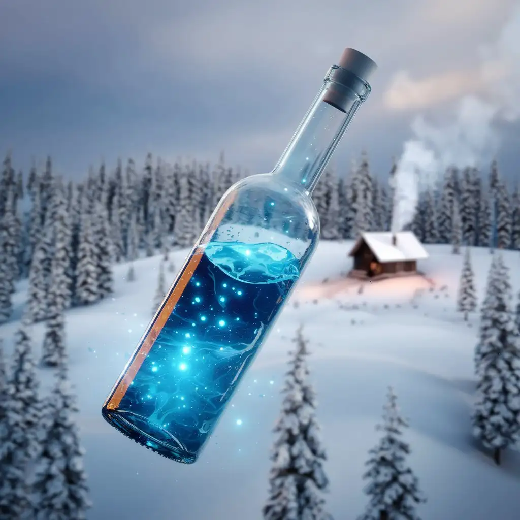 a bottle in the air on the winter nature background with top view 3d special effects