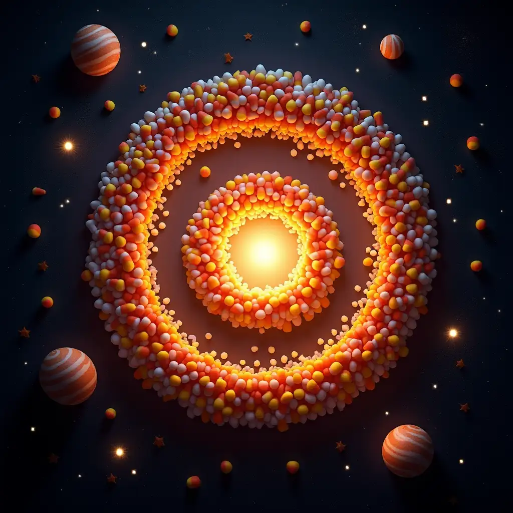 A cosmic scene featuring a spiral galaxy made entirely of candy corn pieces glowing in the darkness of space. The galaxy's arms swirl with vibrant orange, yellow, and white candy corn, creating a whimsical and surreal interpretation of the cosmos. Stars and distant planets scattered around, each with a candy corn hue, add to the fantastical nature of the scene, with a deep, dark space background .