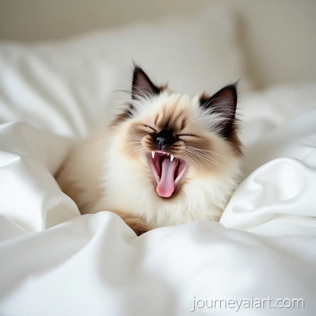 Ragdoll-Kitten-Yawning-in-SilkRagdoll-kitten-yawning-White-Sheets