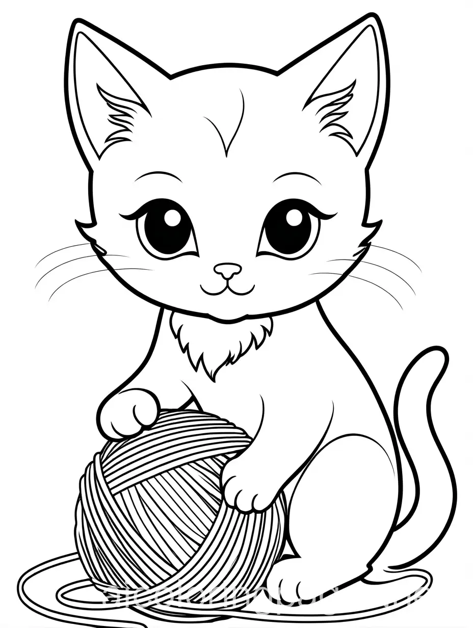 Playful Kitten with Yarn, Coloring Page, black and white, line art, white background, Simplicity, Ample White Space. The background of the coloring page is plain white to make it easy for young children to color within the lines. The outlines of all the subjects are easy to distinguish, making it simple for kids to color without too much difficulty