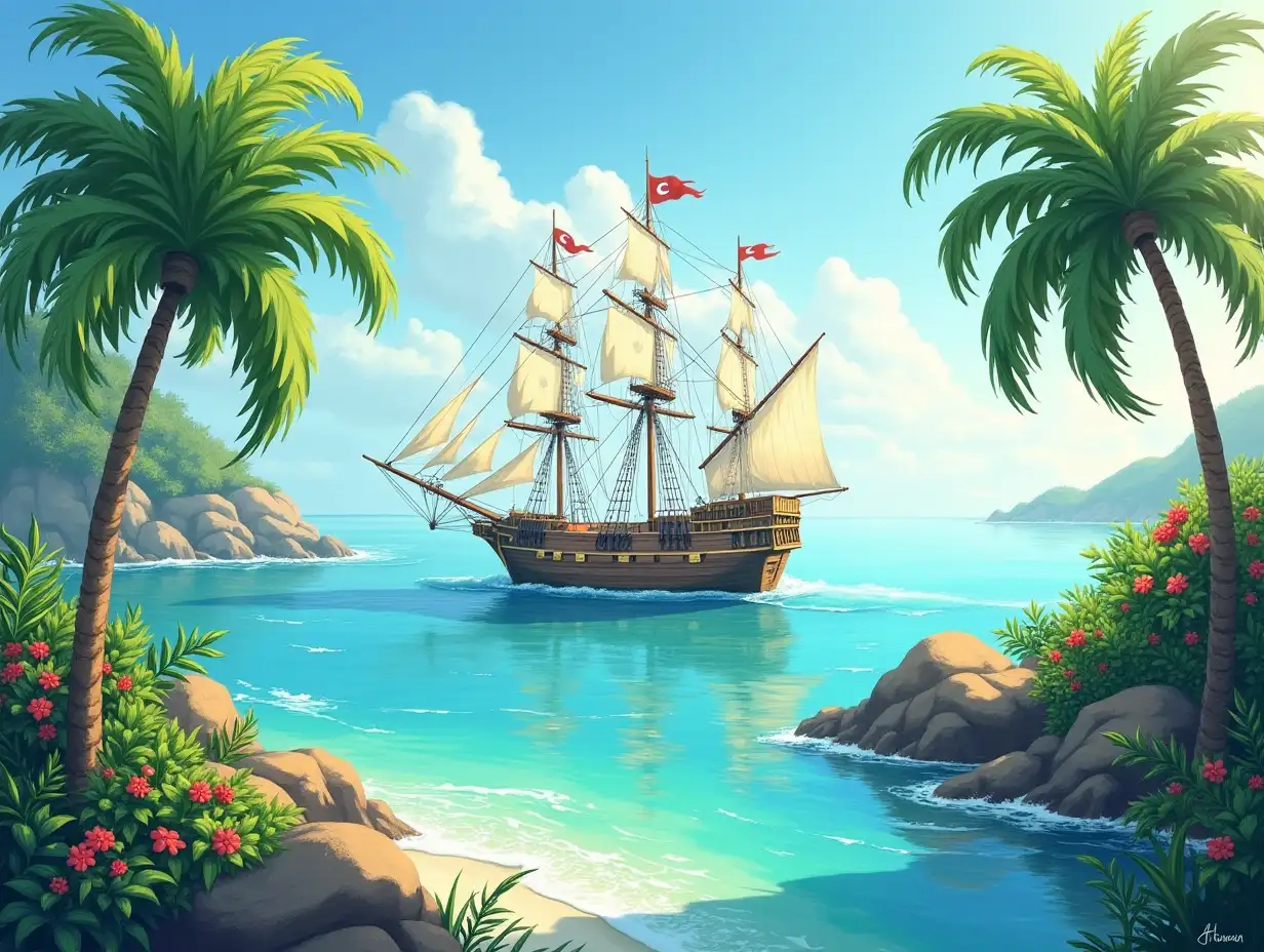 sea, ship, flowers, palms, green