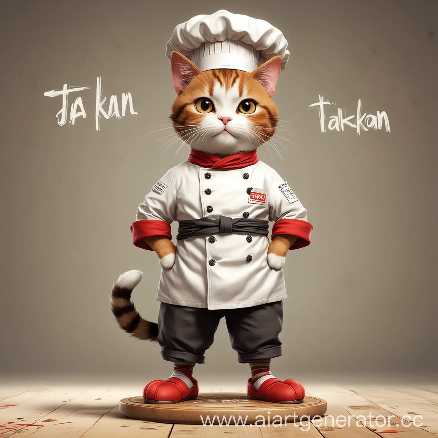 A cartoon cat in digital art style stands on his feet, wearing a chef costume with the text on it "Stakan"