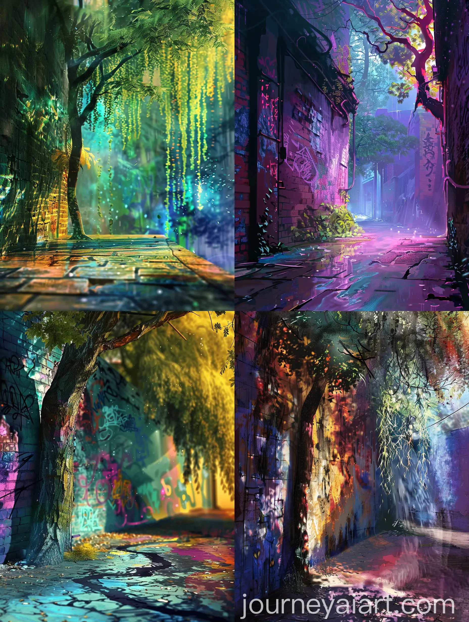Colorful-Graffiti-Wall-Art-with-Willow-Tree-in-Street-Setting
