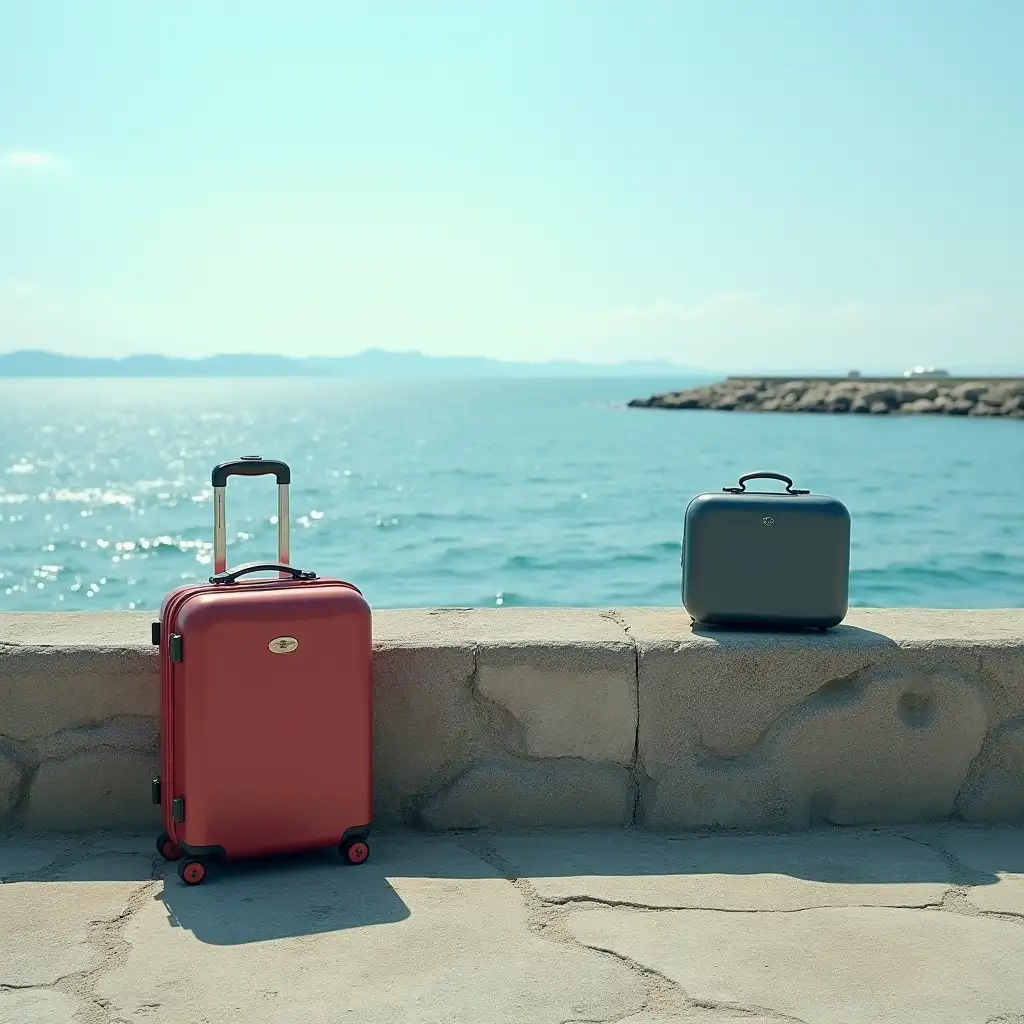 Harbor Scene with Suitcases by the Sea