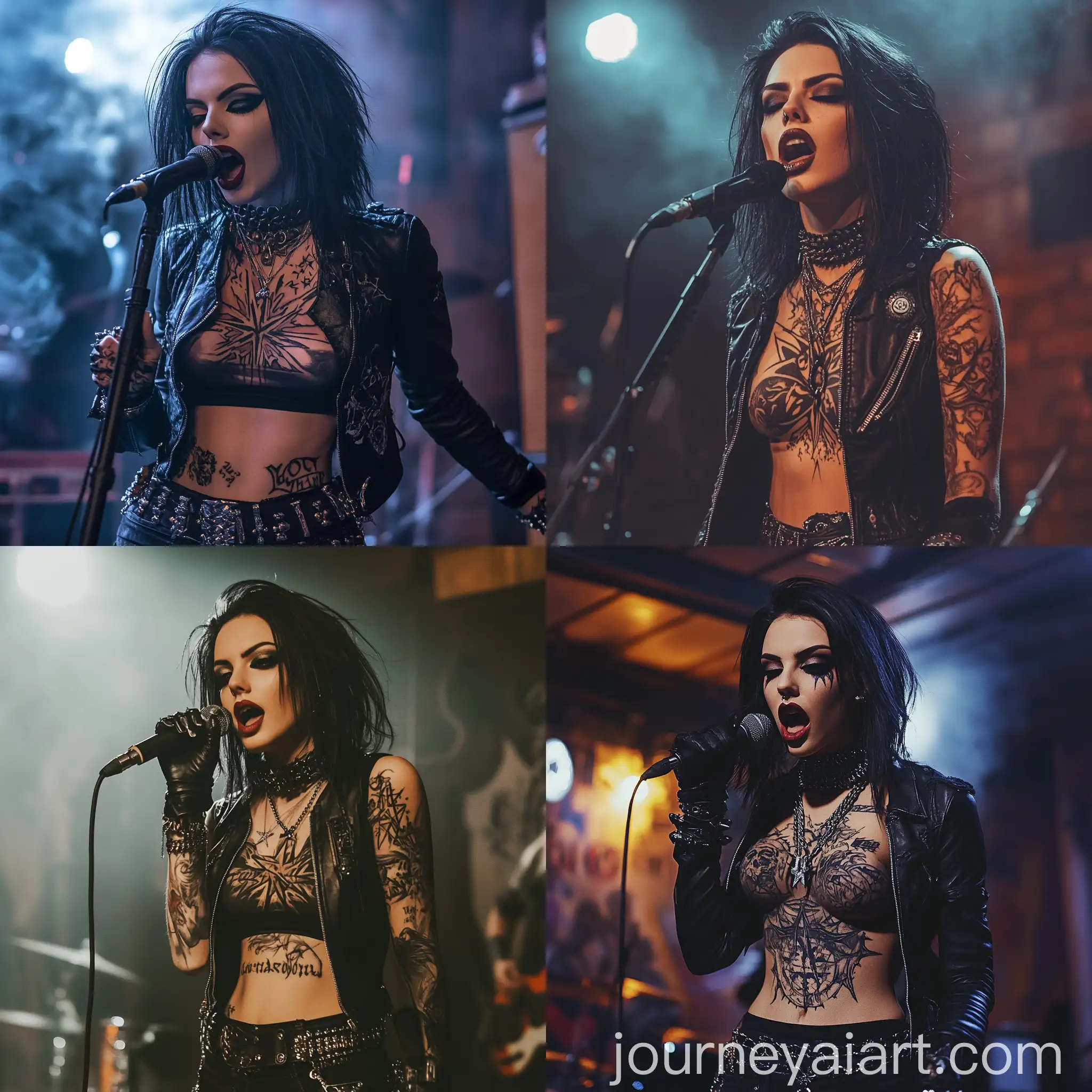 Gothic-Punk-Male-Crossdresser-Singing-on-Metal-Stage-with-Chaos-Star-Tattoo