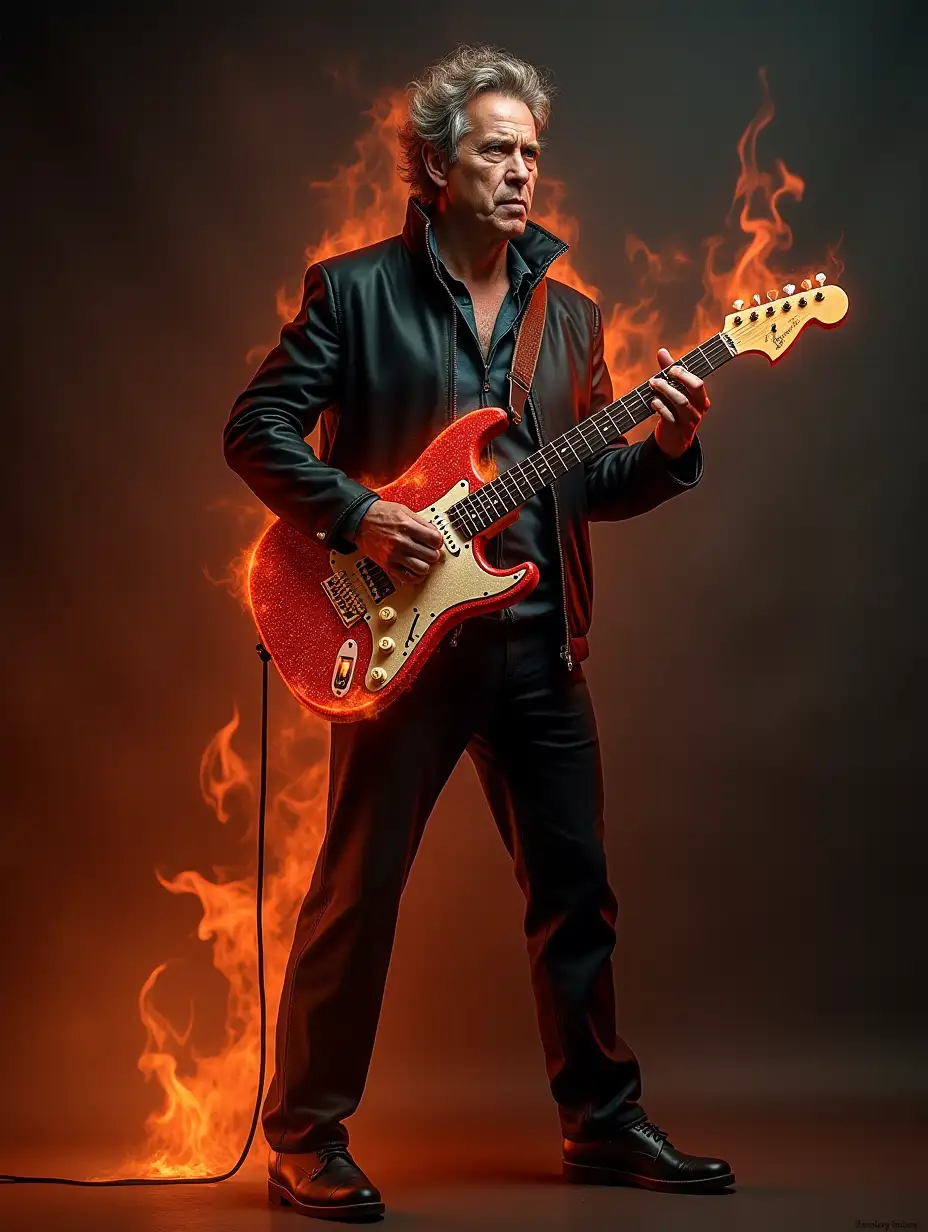 Ultra-detailed and hyper-realistic portrait of a human standing with an electronic guitar that is very beautiful and comes from fire