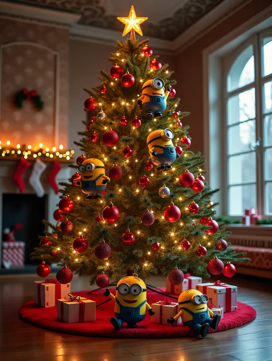 A Christmas tree with red balls and many Minions decorated