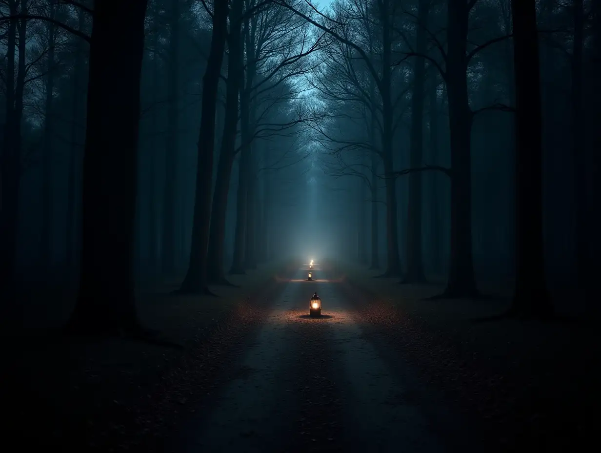 Dark scary forest, dark path illuminated by flickering lanterns, shadows dancing along the ground