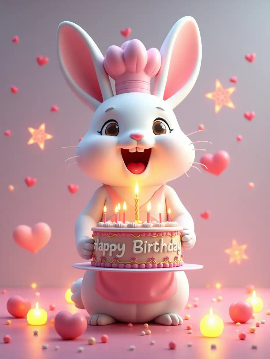 Disney movie style, 3D rendering. Wonderful and whimsical illustration of a greeting card with an image of an adorable white rabbit in a cute chef's hat and apron, proudly offering a luxurious cake with lit candles. The rabbit's eyes sparkle with joy, and a gradient happy background enhances the design, creating a captivating and enchanting visual experience.Additional bright shining and twinkling hearts and stars are added to the background. Large, voluminous, standout 3D text 'Happy Birthday!' written in a cheerful font with outline attracts attention, adding a note of joy to the overall design. Very happy and creative style, render poster, bright colors, hd. This cinematic 3D render is ideally suited