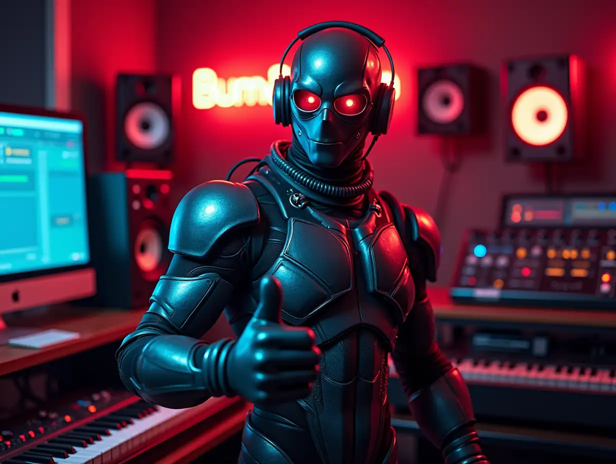 Funny character, in a tight steel-colored cyber suit with lots of wires, wearing a mask, standing in a music studio and thumbs up, lots of equipment, cyber environment with lights in red and blue, on top of the inscription “Bum&Bom”