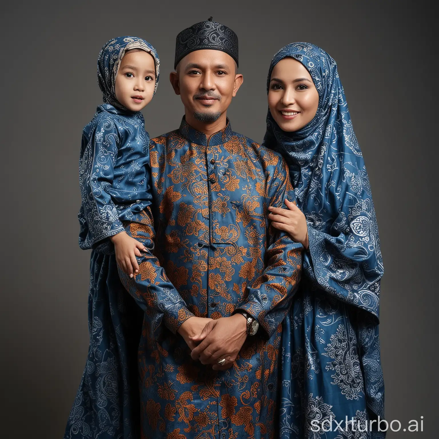 Family-Portrait-in-Matching-Blue-Batik-Clothes-Realistic-Studio-Photo