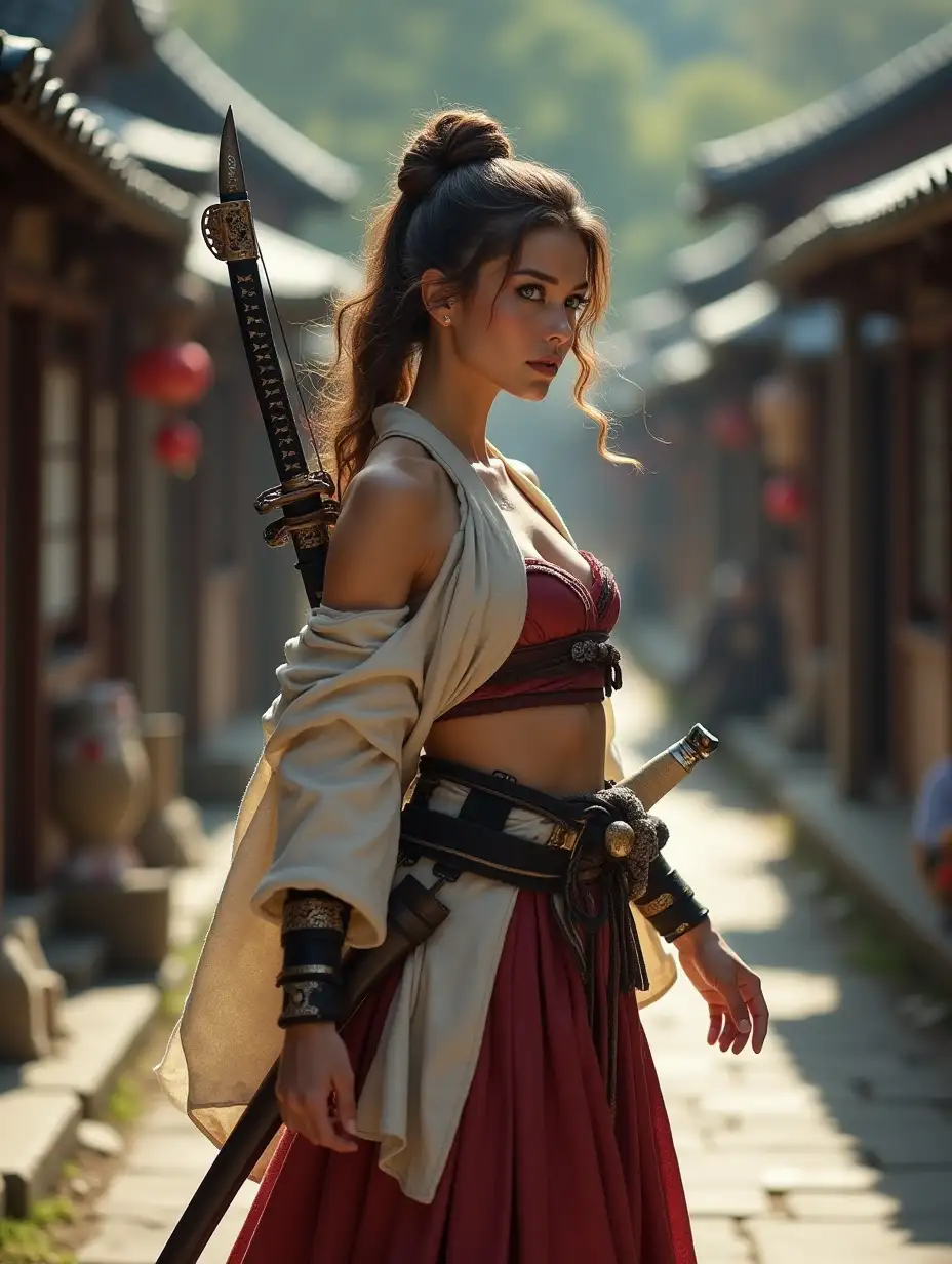 Female-Samurai-with-Exotic-Features-Walking-Through-Feudal-Japan-Village