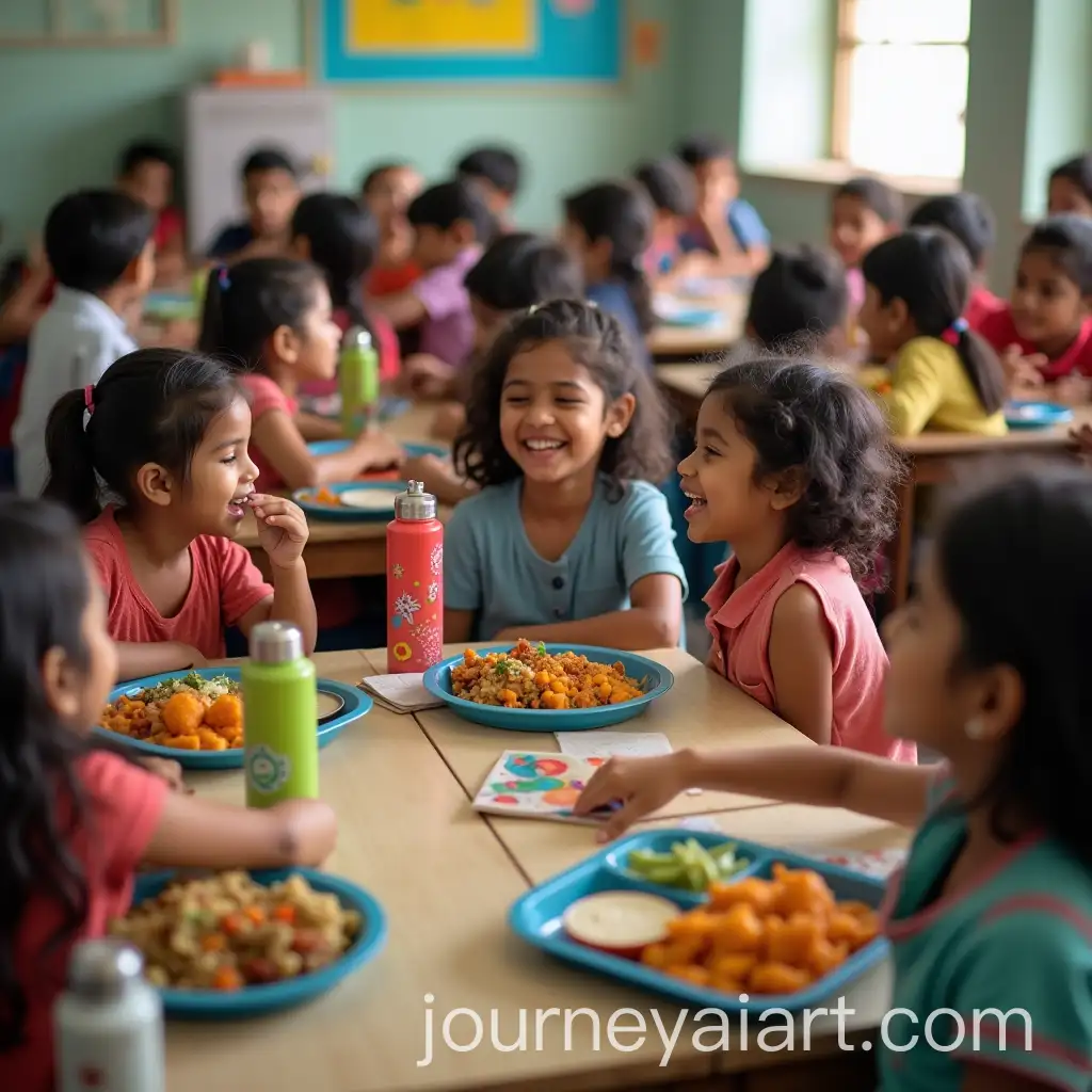 Indian-Classroom-Scene-During-Lunchtime-with-Happy-Children-and-Cultural-Foods