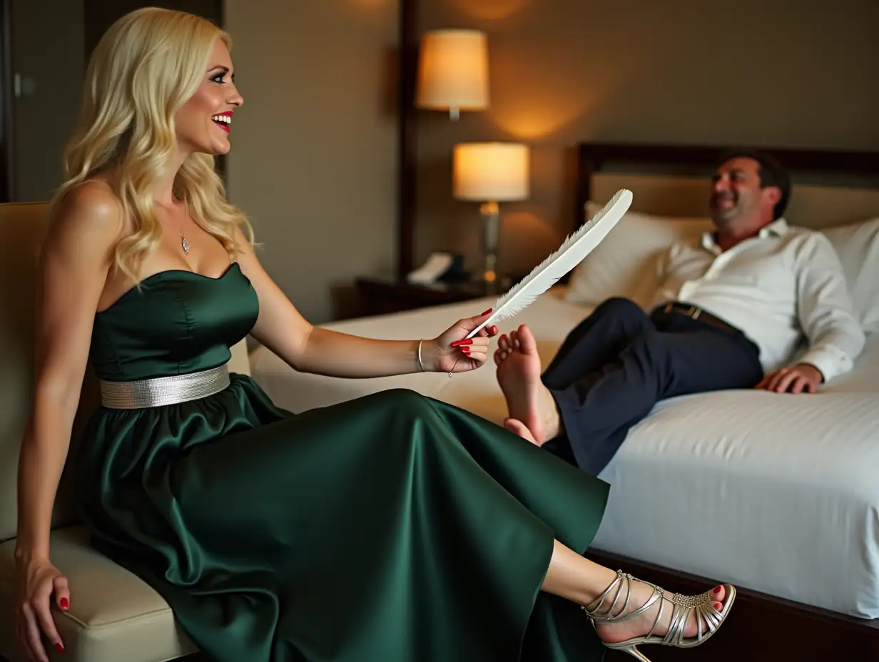 Luxury-Hotel-Room-with-Elegant-Woman-and-Laughing-Man-in-Satin-Gown-and-Feather-Play