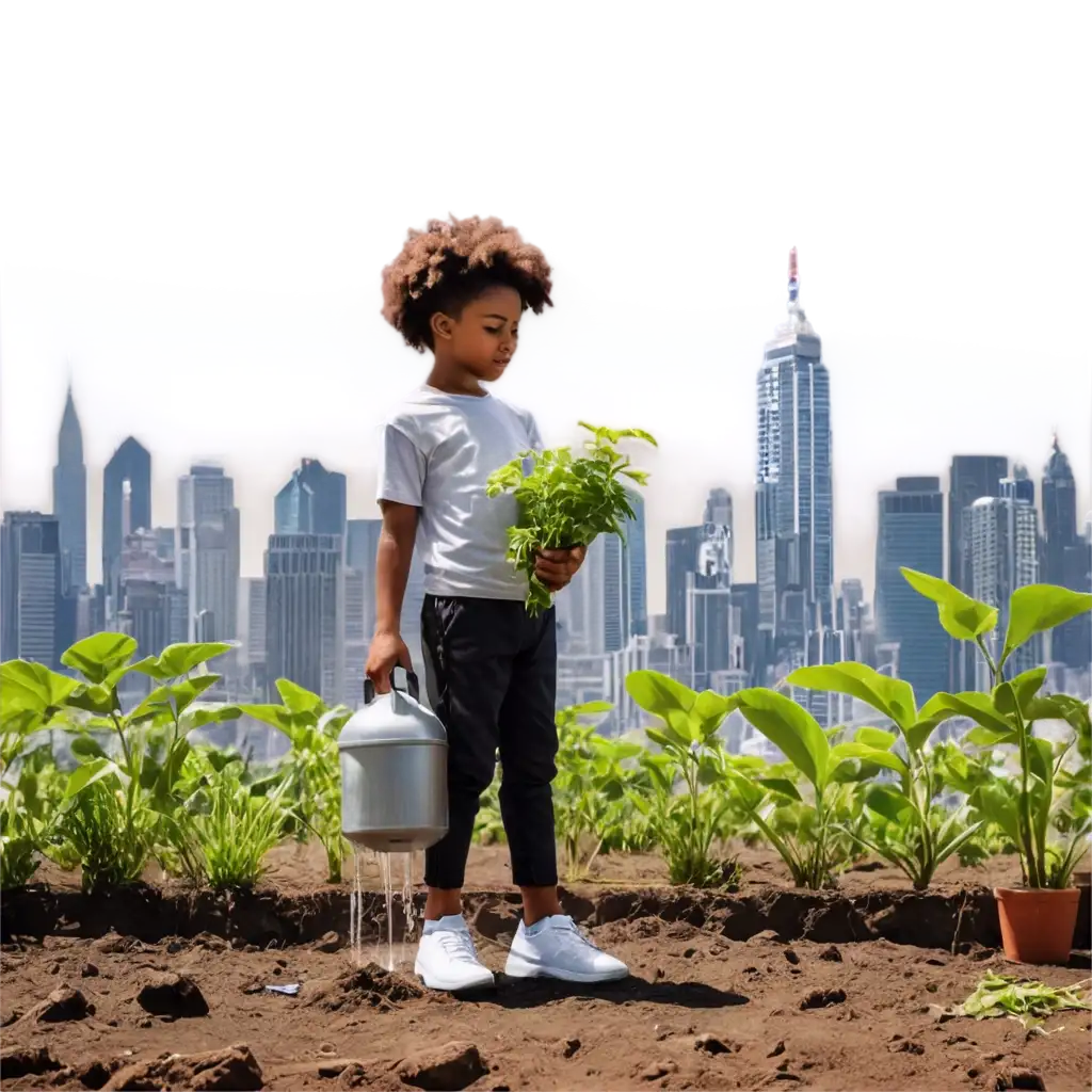 Young-African-Watering-Plant-with-Futuristic-City-Background-PNG-Image