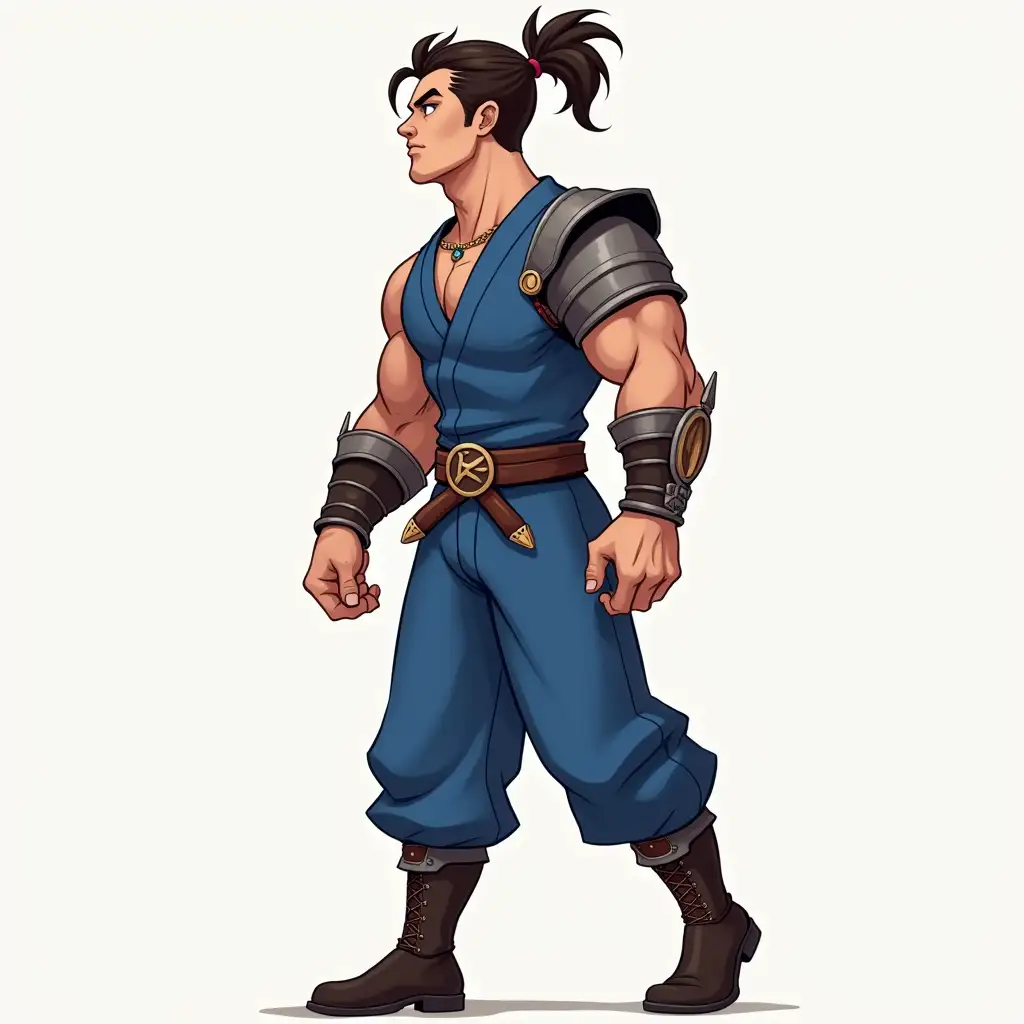 A muscular cartoon character, blue outfit, 2D game style, looking right, walking right, side view, ponytail hair, muscular arms, handsome and stylish appearance, attractive appearance, warrior, (hand drawn style), (2D game), (game art), art by Kim Jong-gi, armor, high body detail