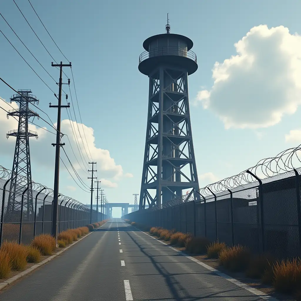 a tall tower sitting on the side of a road, gta v gameplay screenshot, in a small prison cell, chrome military base, infinitely long corridors, barbed wire, pp, 5 k extremely detailed, stock image, split screen, totalitarian prison island, boxing ring, by Nōami