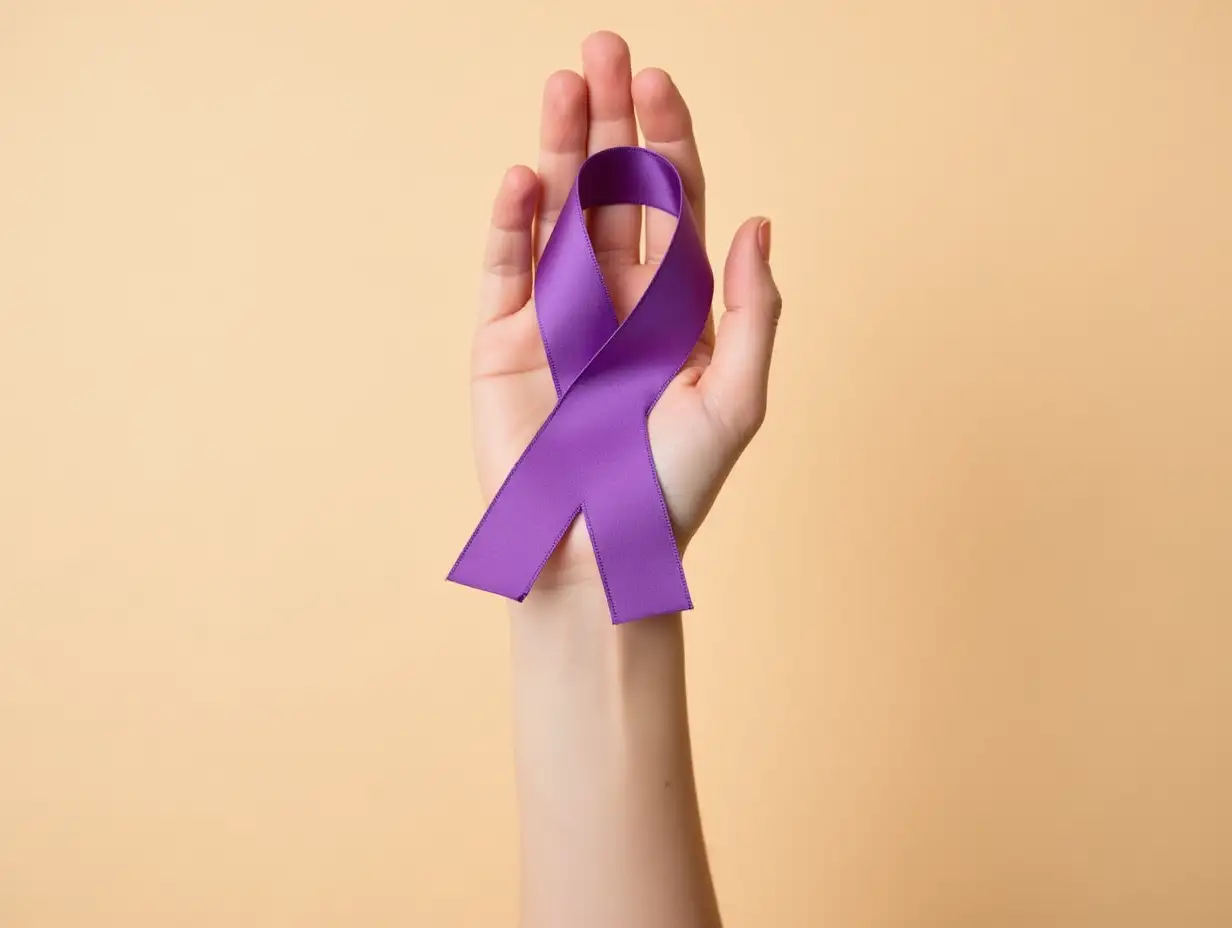 Cancer-Awareness-Concept-Female-Hand-with-Purple-Ribbon-on-Beige-Background