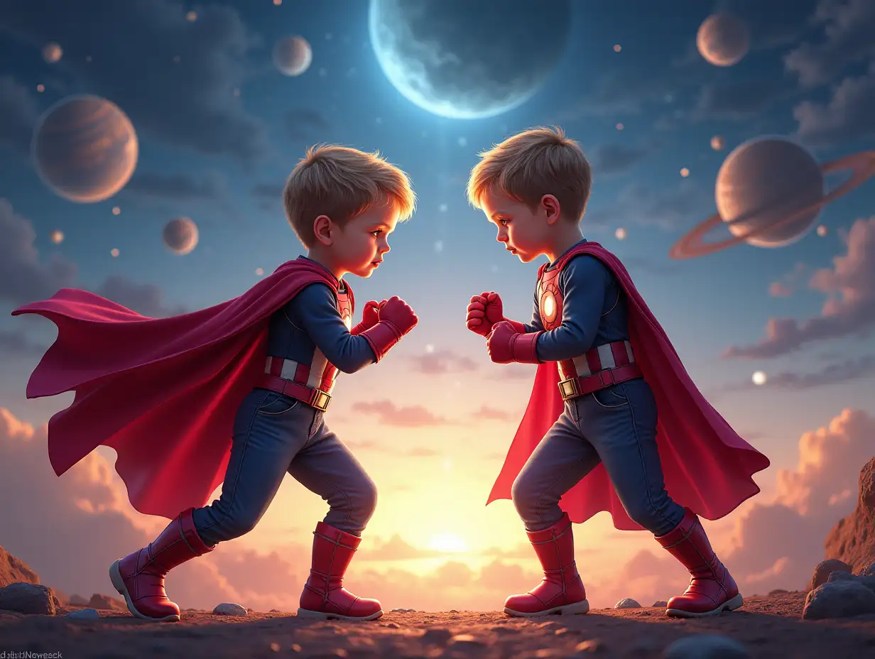 user_prompt: Create a realistic image of two boy children, they are standing facing each other in fighting stances, with open space and planets in the background, the image is done in bright vivid colors, children are dressed in Marvel costumes, children full length