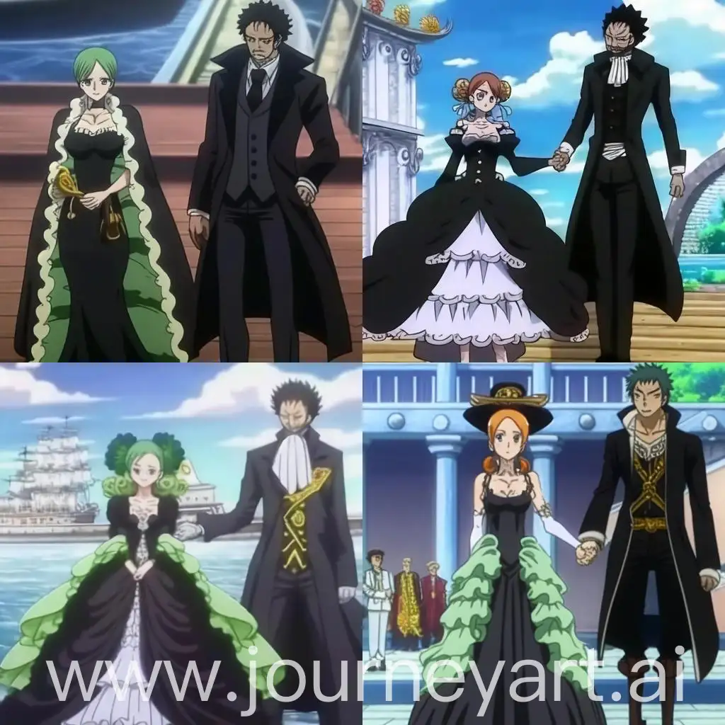 Peaceful-Anime-Couple-Bride-in-Wide-Marriage-Dress-with-Groom-Trafalgar-D-Water-Law