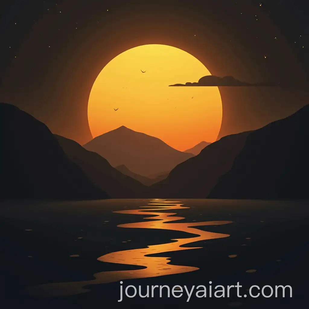 Stylized-Sun-and-Mountain-Landscape-in-Dark-and-Gold-Tones