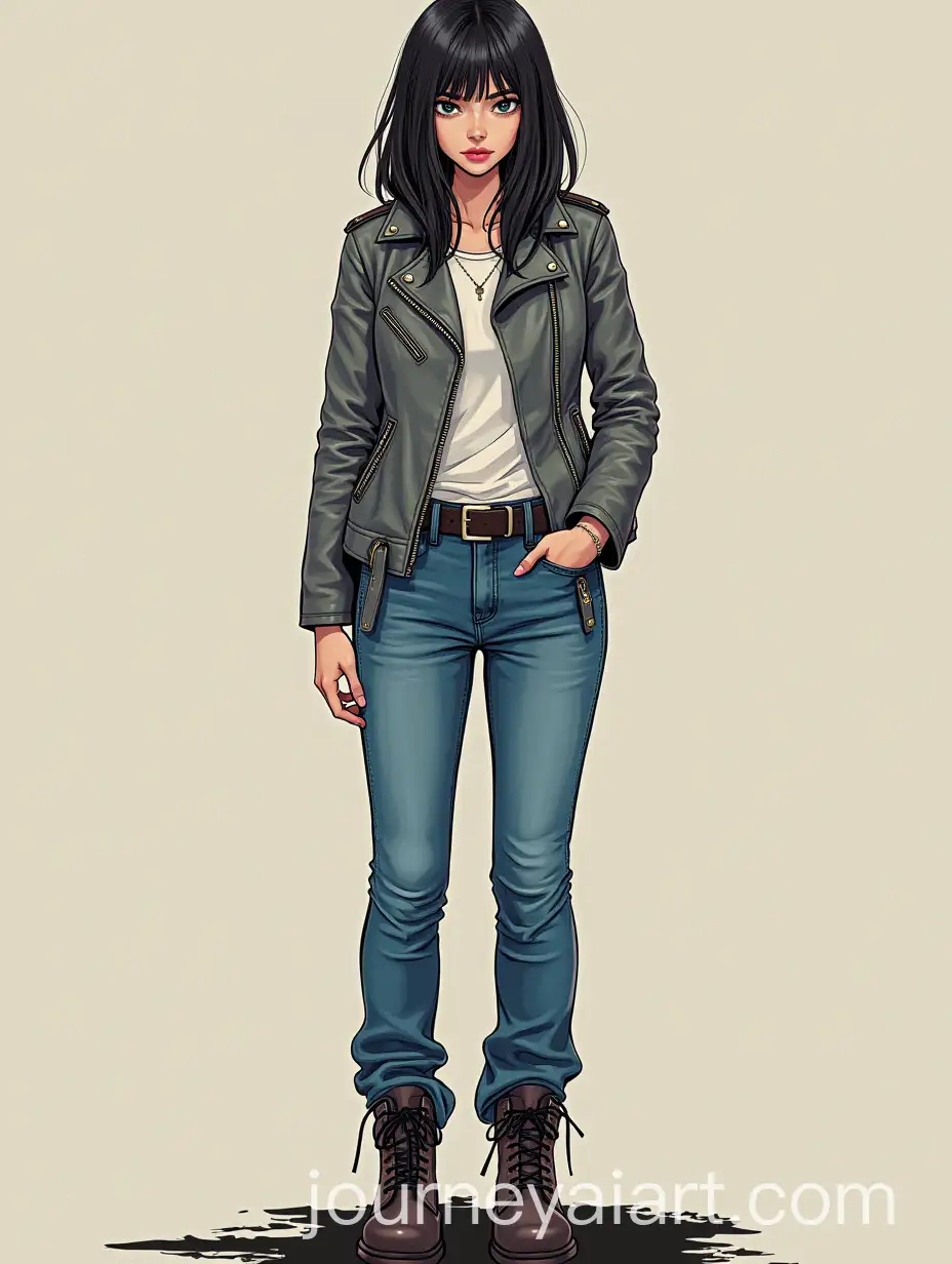 Manga-Style-Beautiful-Girl-in-Gray-Leather-Jacket-and-Blue-Jeans