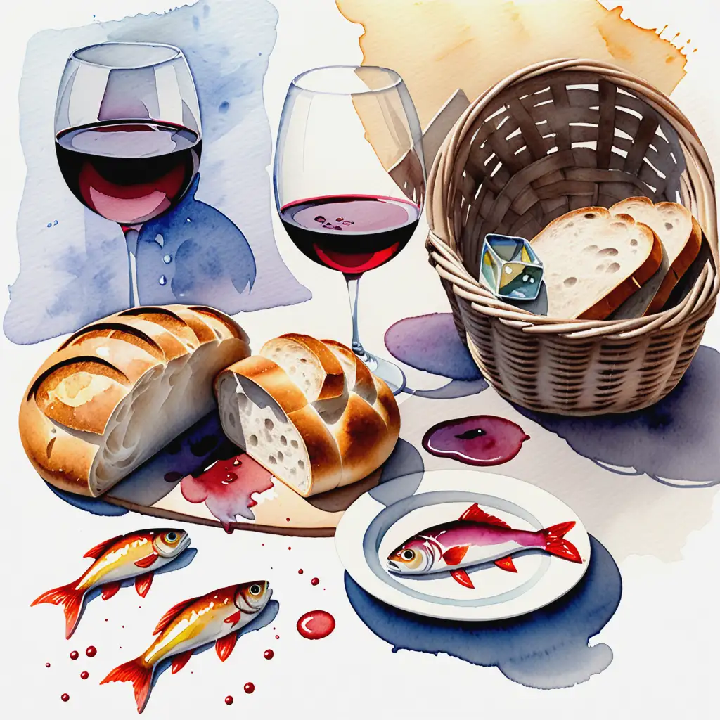 Watercolor Still Life of Spilled Wine Artisan Bread and Fresh Fish