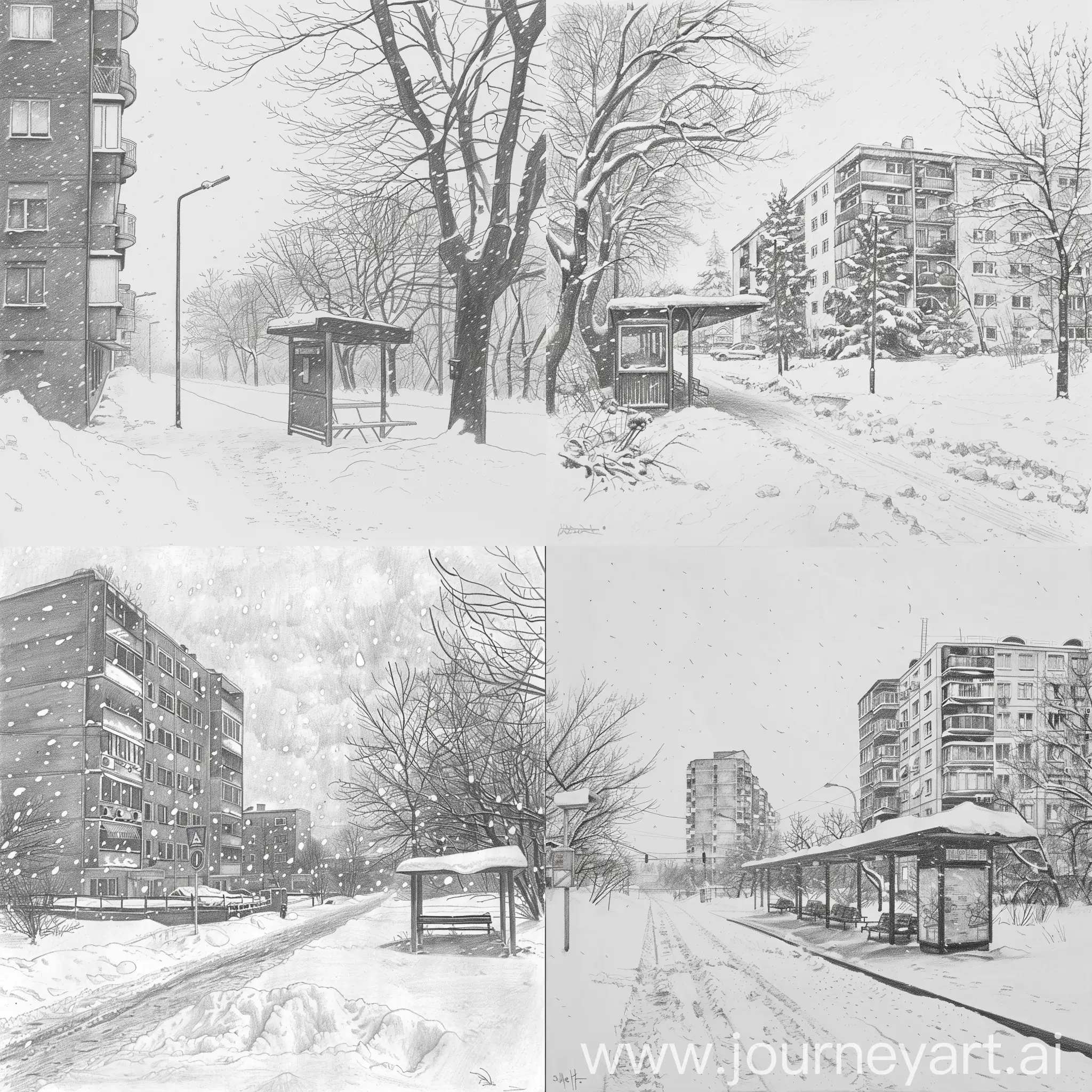 Snowy-Winter-Scene-with-Apartment-Building-and-Bus-Stop